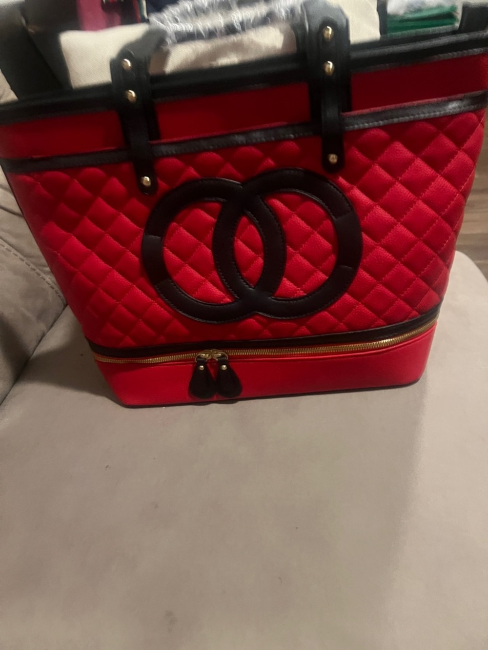 Quilted Red Tote with Black Trim and Gold Accents